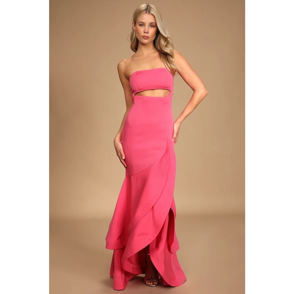 NWT Lulus Fabulous Festivities‎ Hot Pink Strapless Ruffled Trumpet Dress Size XS